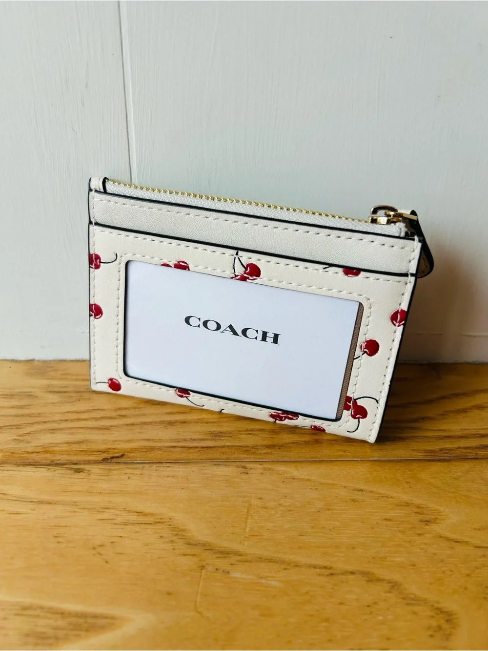 Coach NWT Cherry ID Case Mini Skinny Chalk Red Key Ring Cherries Travel